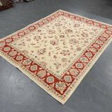 Cream Red Bordered Ziegler Rug, Hand-Knotted Wool Floral Oriental Carpet