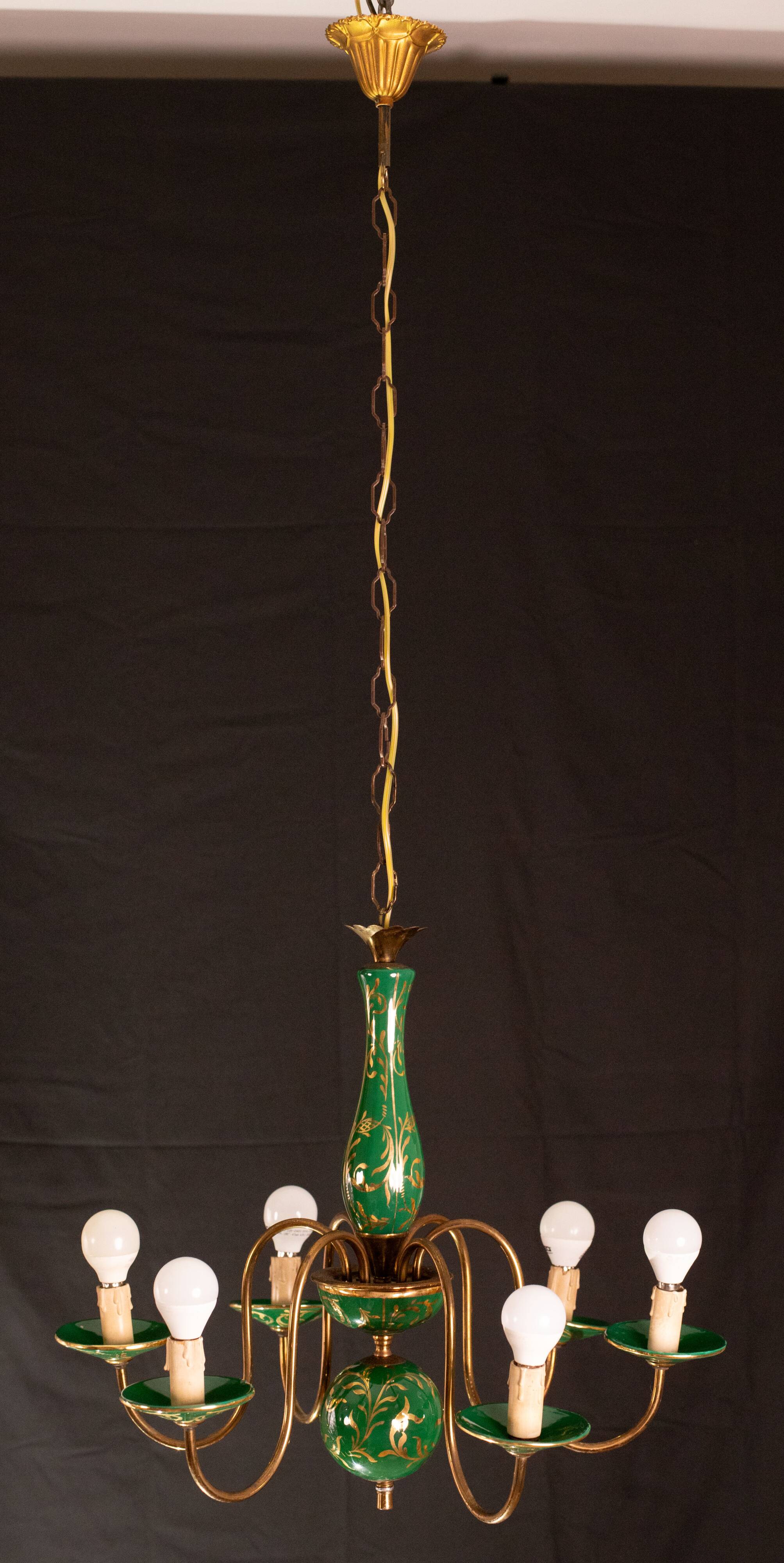 Art Deco Brass and Painted Terracotta Chandelier, 1950s