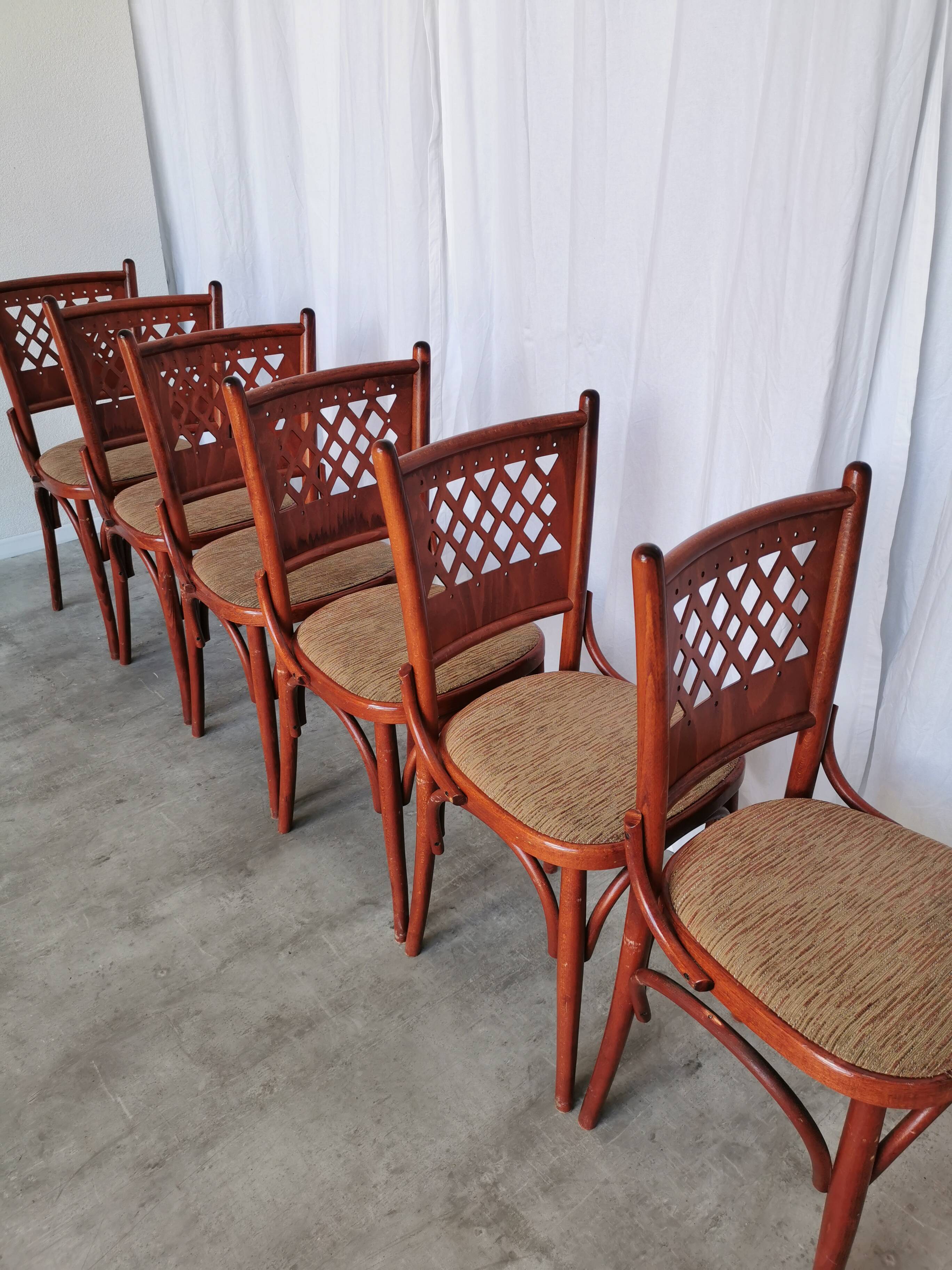 Vintage Italian Bistro Chairs - 1980s Reddish Wood, Brown Fabric - Set of 6
