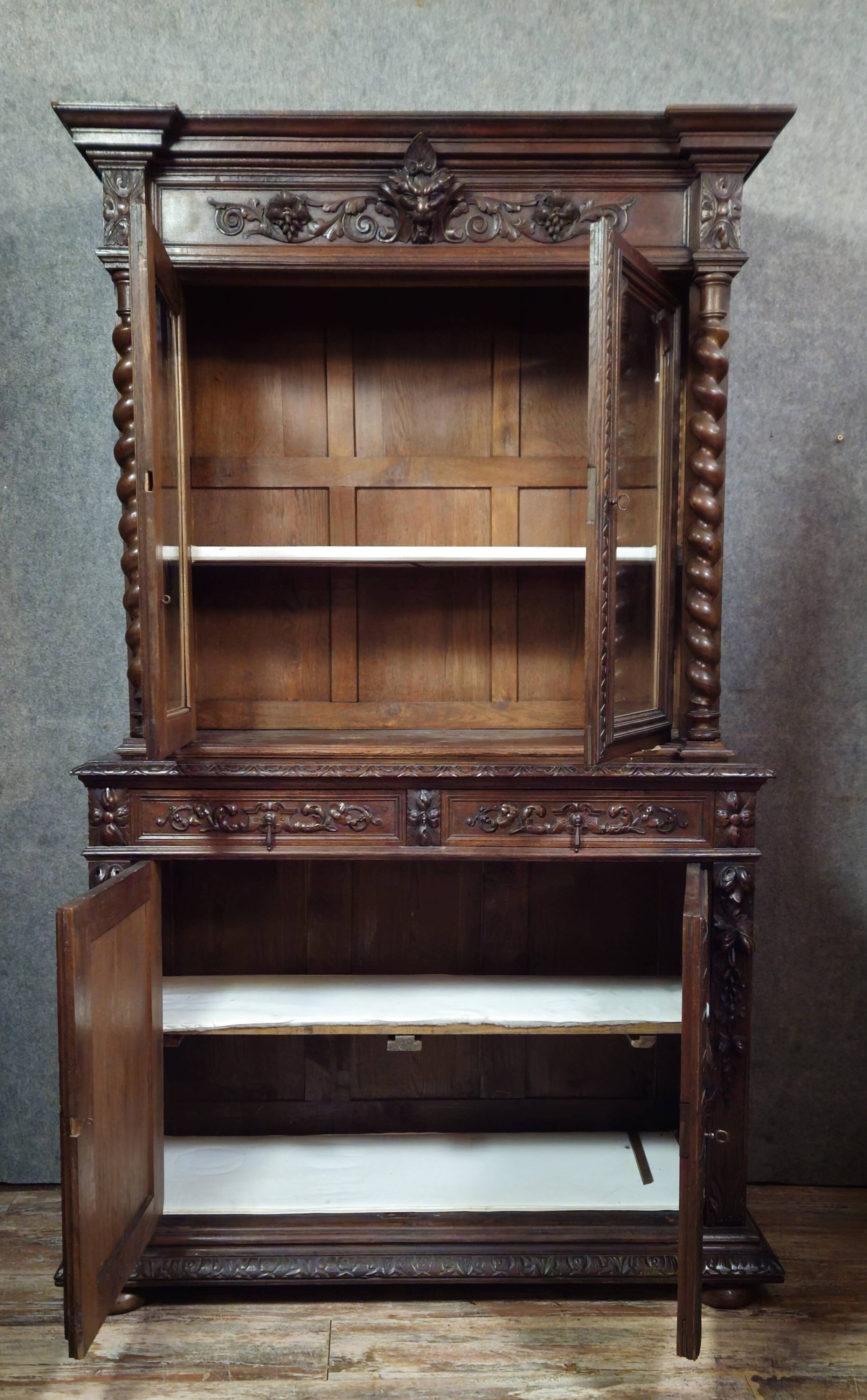 Buffet library two-body antique carved wooden.