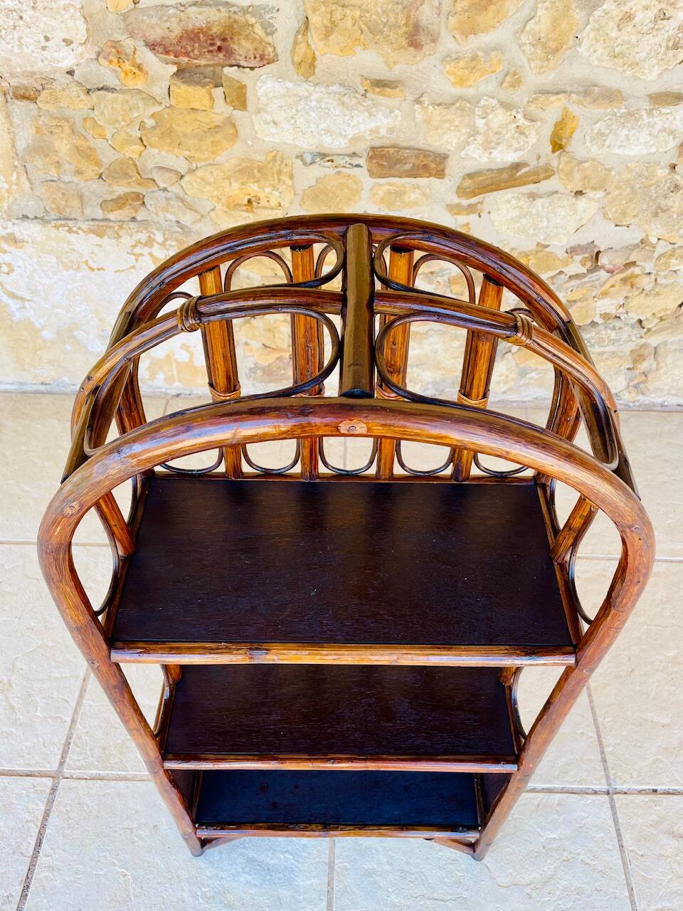 Vintage two-tier bamboo and rattan shelf with storage, Circa 1960