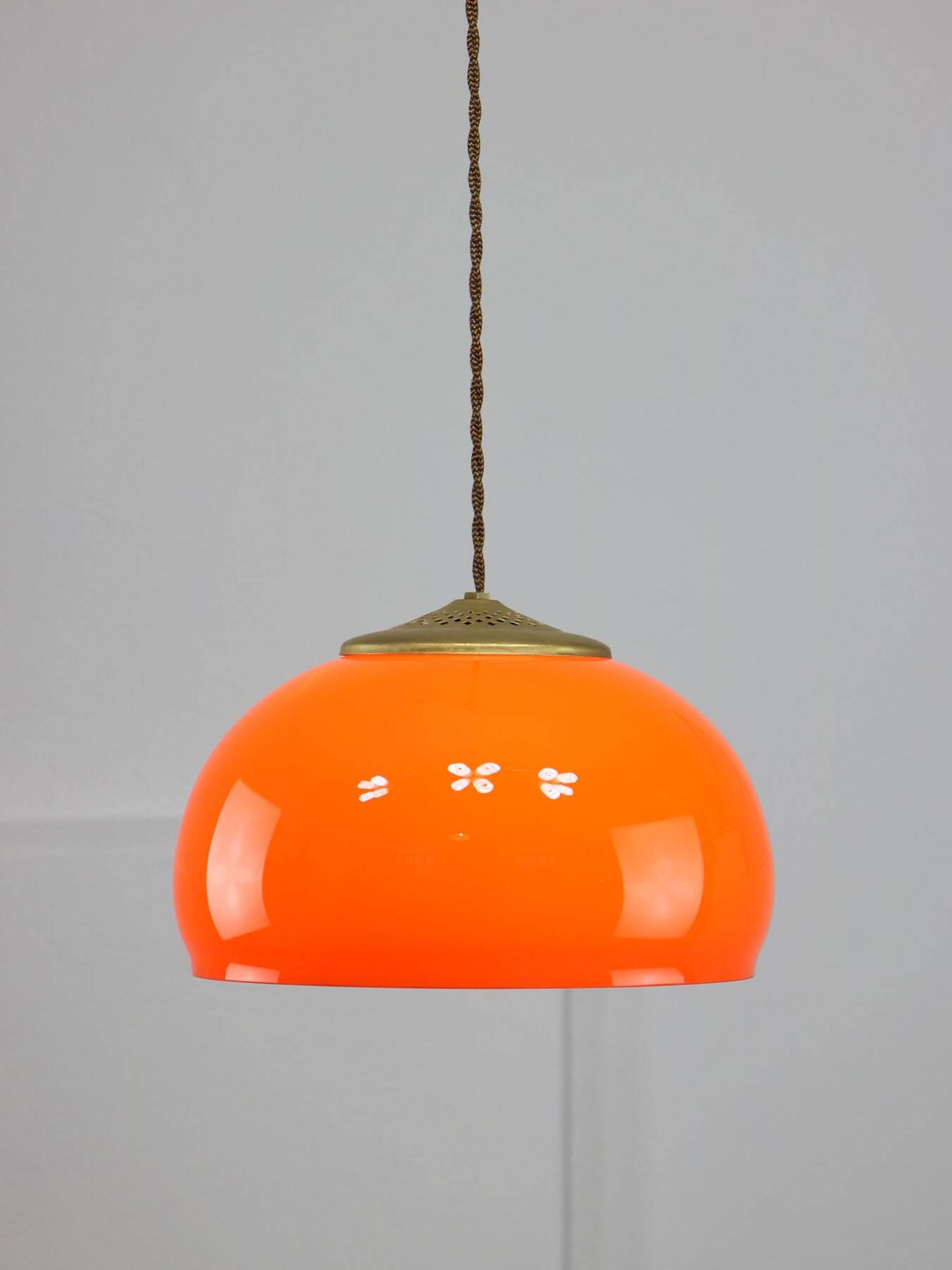 Mid-Century Italian Orange Glass and Brass Pendant Lamp
