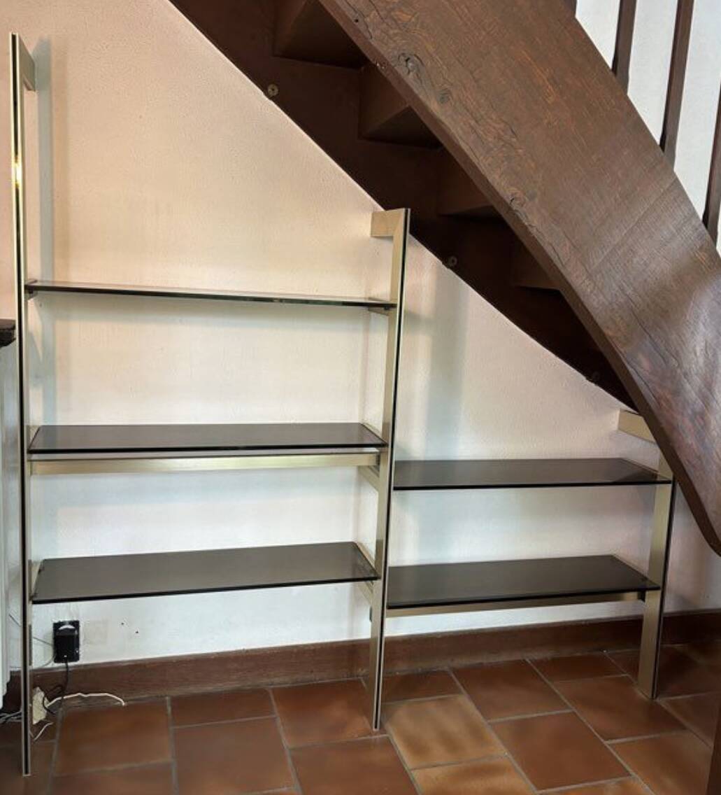 Brushed gold aluminum and smoked glass shelf from the 70s