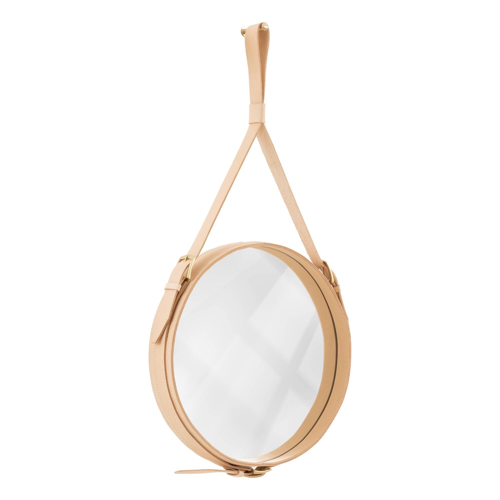 Handmade J. Adnet style mirror in natural vegetable-tanned leather, ø 70 cm