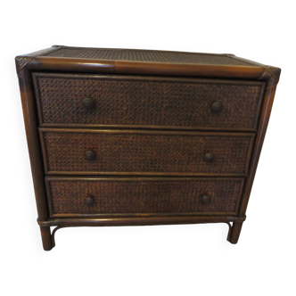 Rare commode vintage bambou bois cannage et rotin 3 tiroirs années 80 teinte acajou/chêne