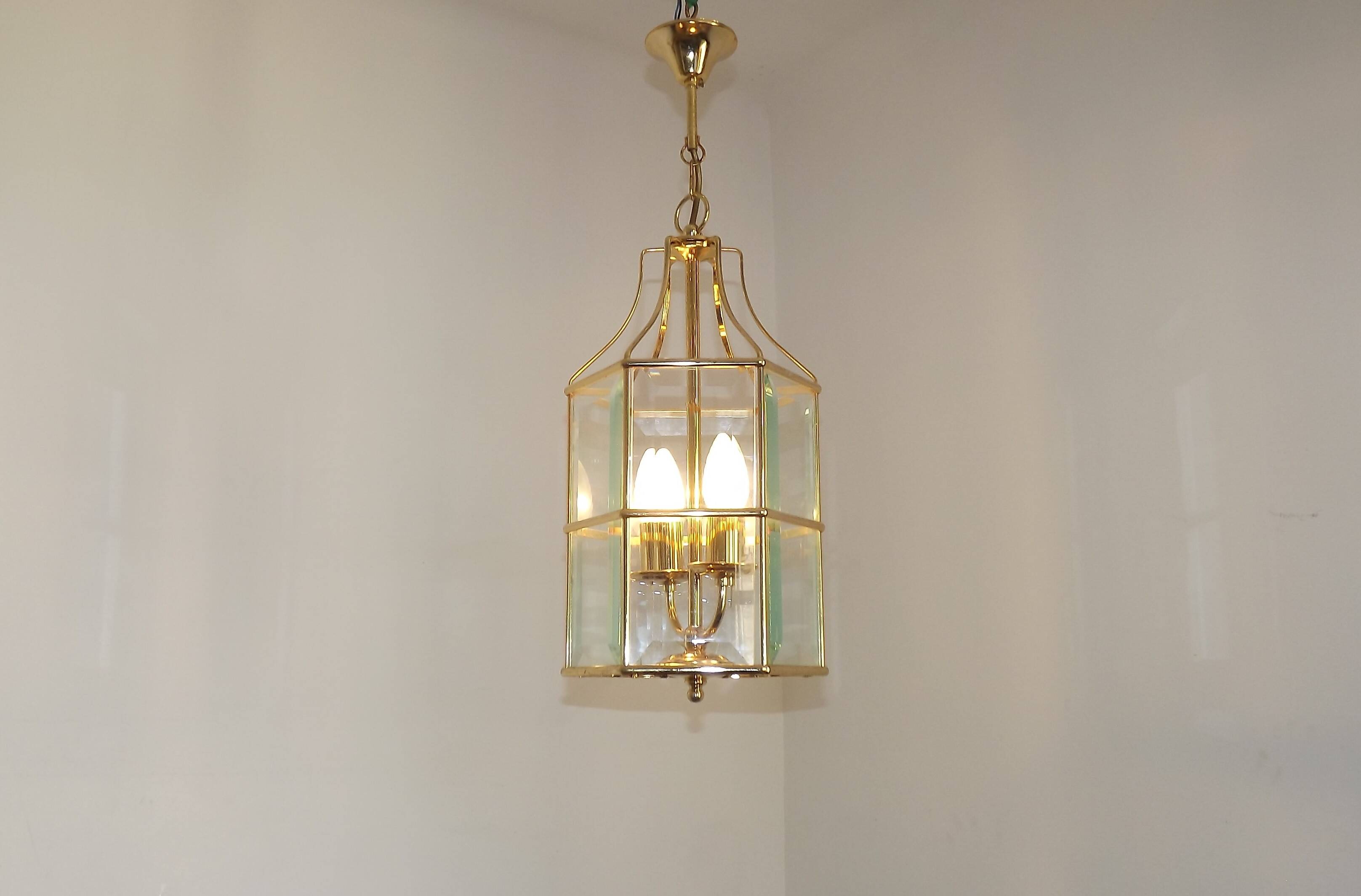 French Vintage 2 Light Hexagonal Gold Metal & Beveled Glass Hanging Light