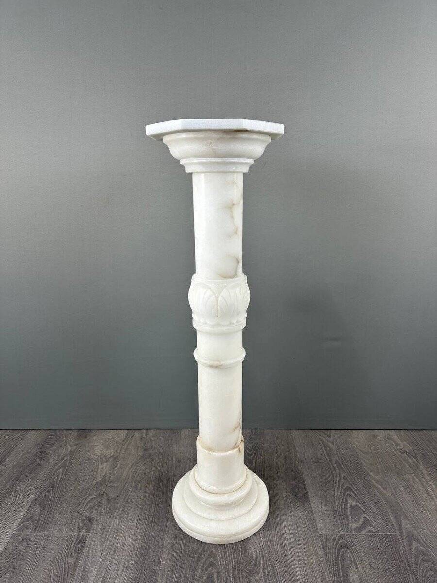 Carved White Marble Column, Mid-20th Century
