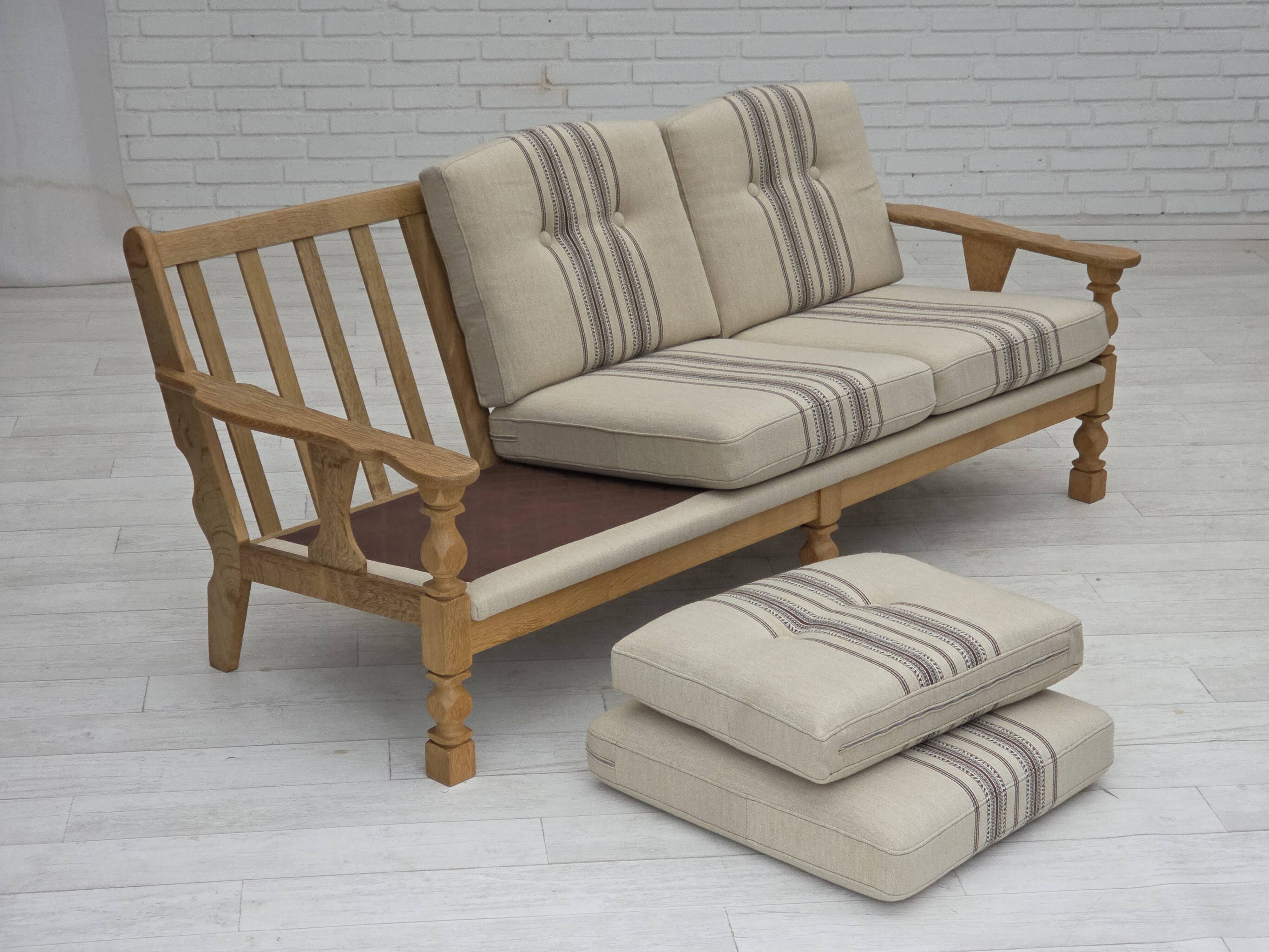 1970s, Danish 3-seater sofa, beige furniture wool, solid oak wood.