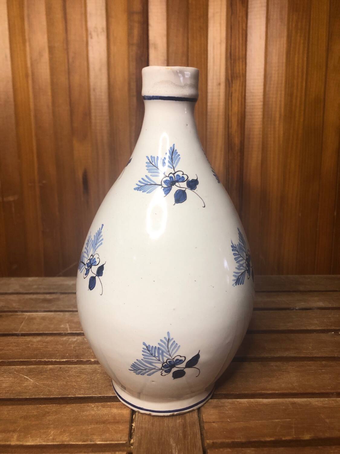 Old white ceramic pitcher vintage painted blue decor #a425