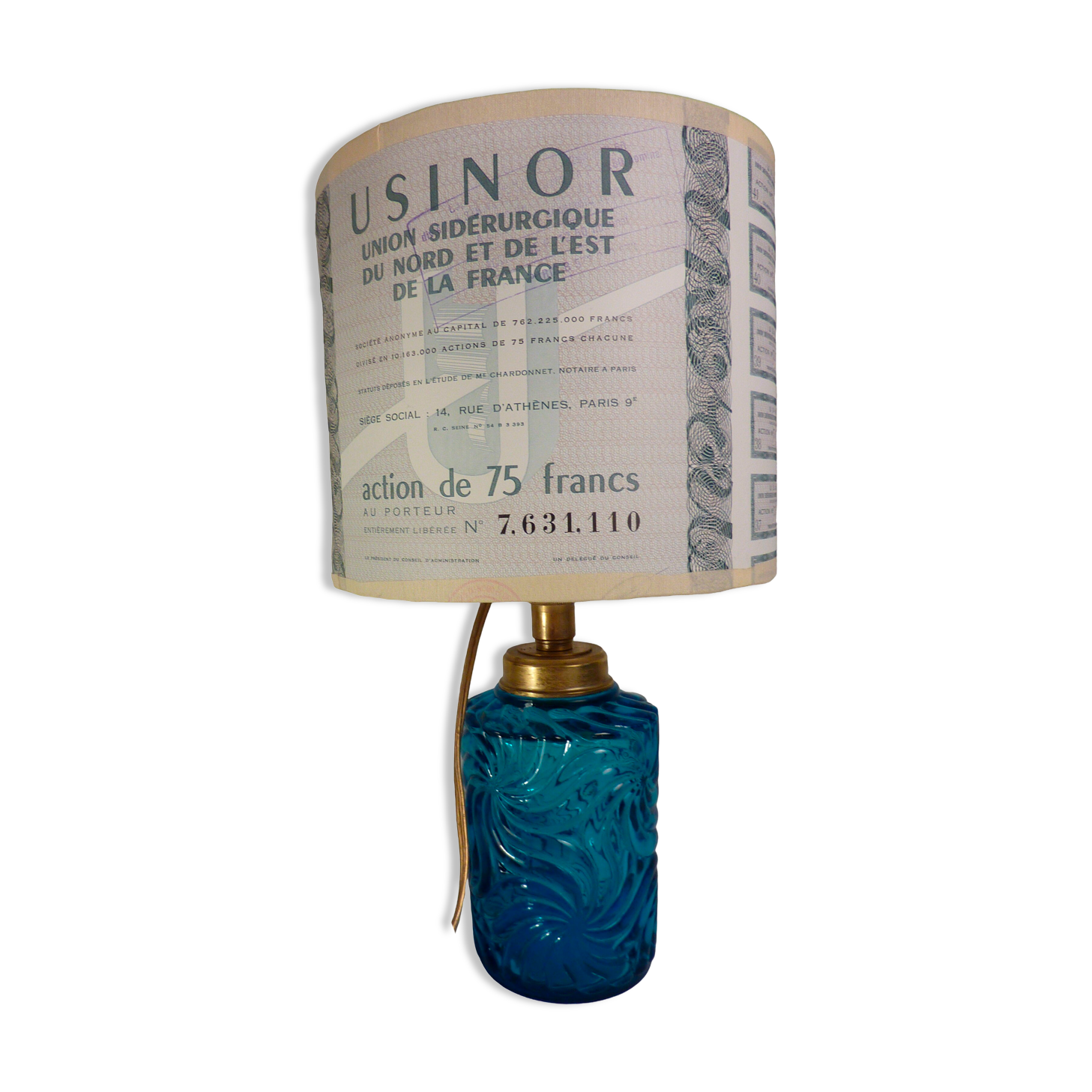 Table lamp with king blue and gold glass foot and machineinor action lampshade