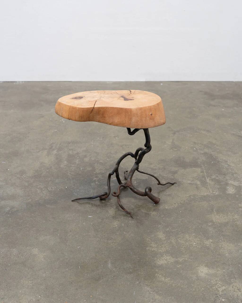 Brutalist artisanal wrought iron and slab wood side table