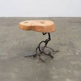 Brutalist artisanal wrought iron and slab wood side table