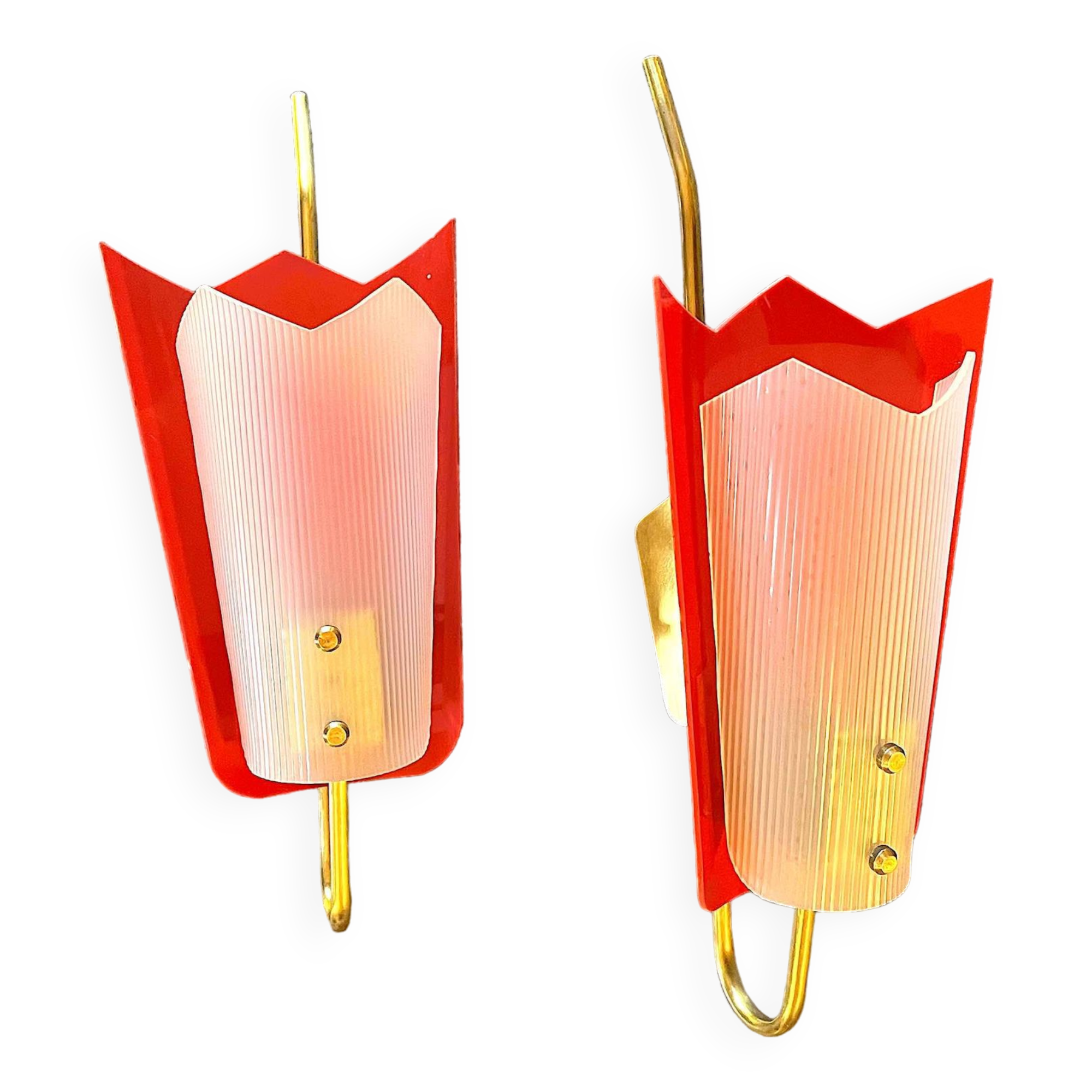 Gande Pair of Red Sconces in Brass and Pespex, Italy, Mid-Century