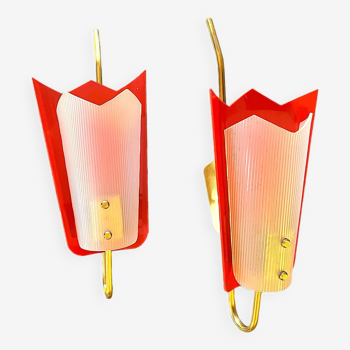 Gande Pair of Red Sconces in Brass and Pespex, Italy, Mid-Century