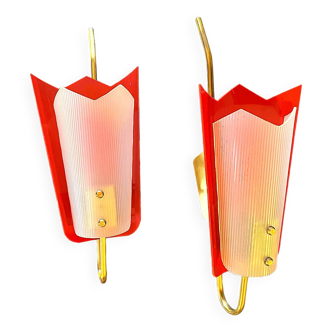 Gande Pair of Red Sconces in Brass and Pespex, Italy, Mid-Century