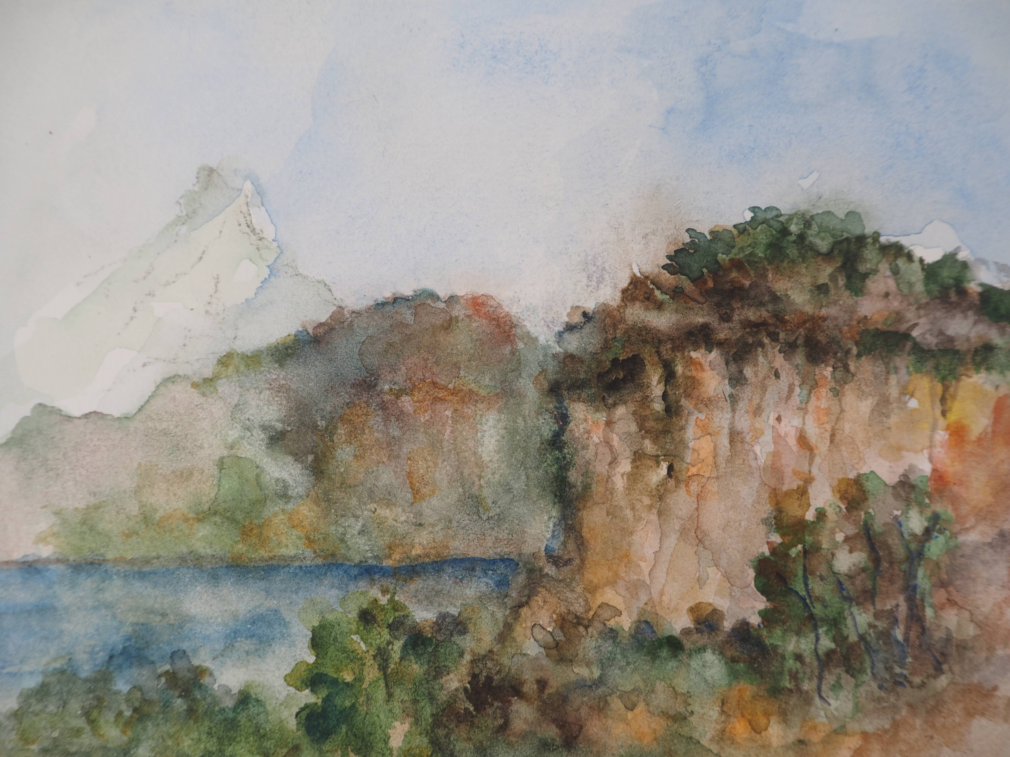 Gilbert Pastor: Snowy summit behind a hill, original signed watercolor