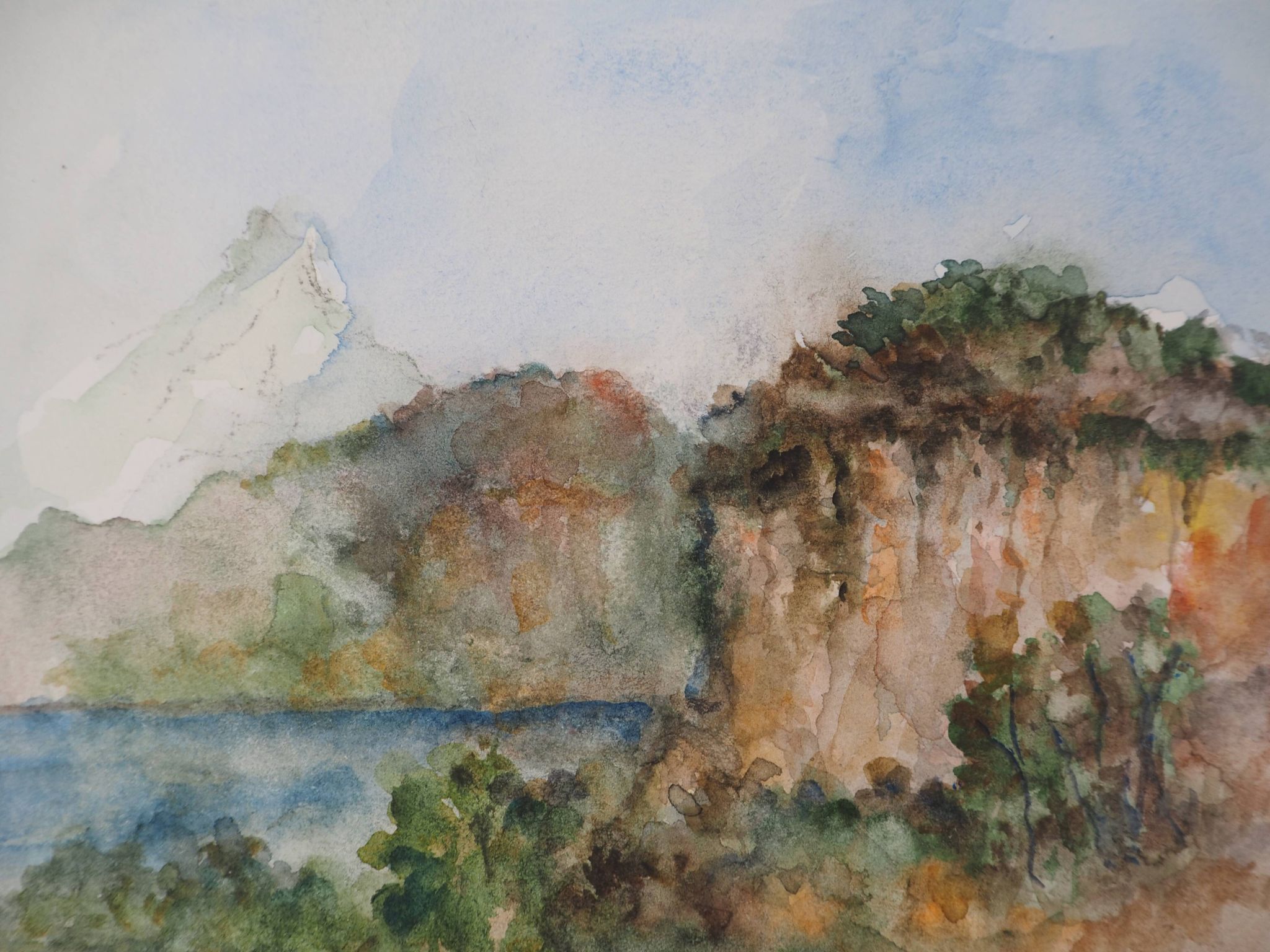 Gilbert Pastor: Snowy summit behind a hill, original signed watercolor