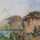 Gilbert Pastor: Snowy summit behind a hill, original signed watercolor