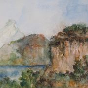 Gilbert Pastor: Snowy summit behind a hill, original signed watercolor