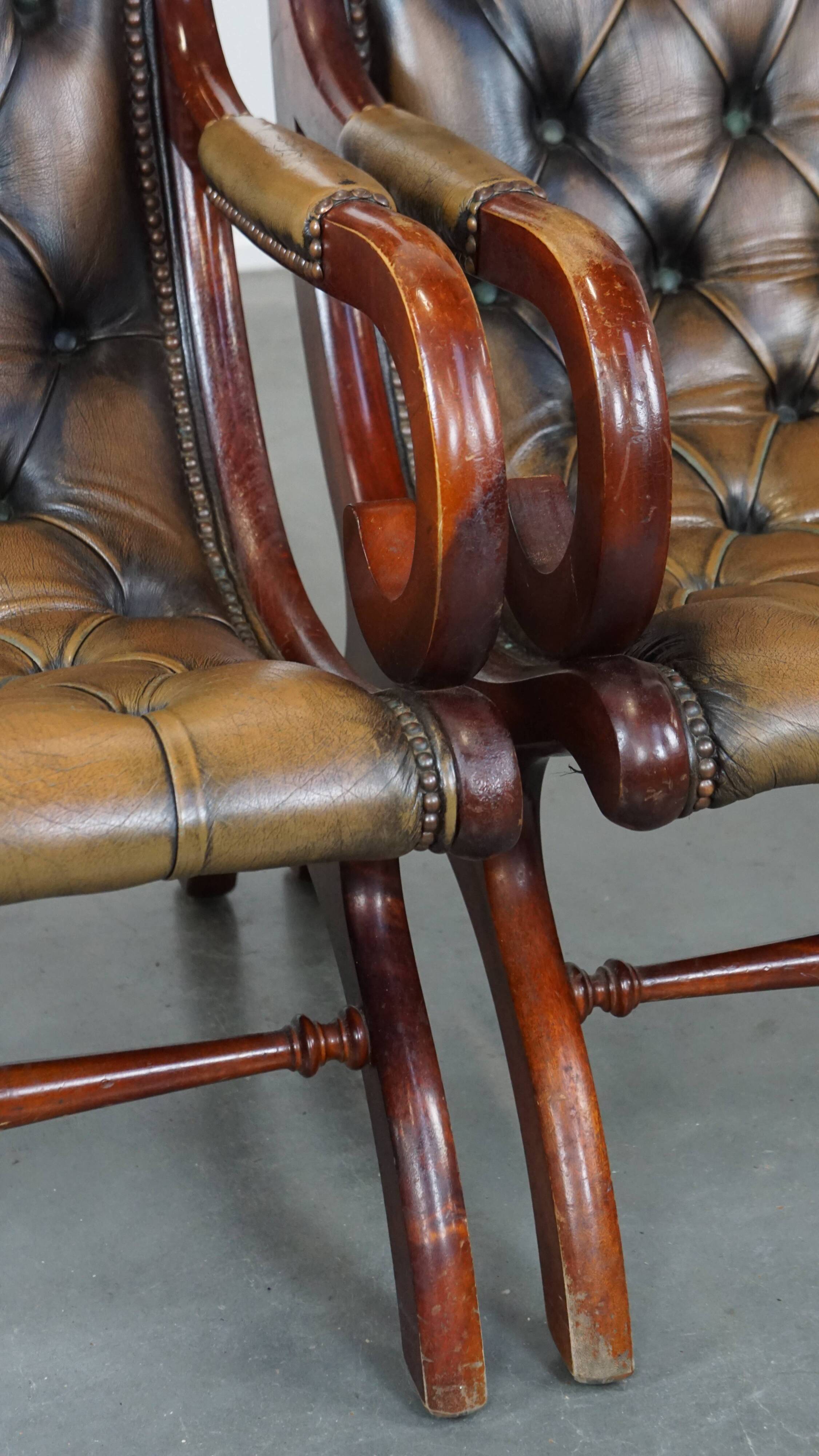 Set of 2 Green Leather English Chesterfield Armchairs Combined with wood