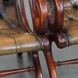 Set of 2 Green Leather English Chesterfield Armchairs Combined with wood