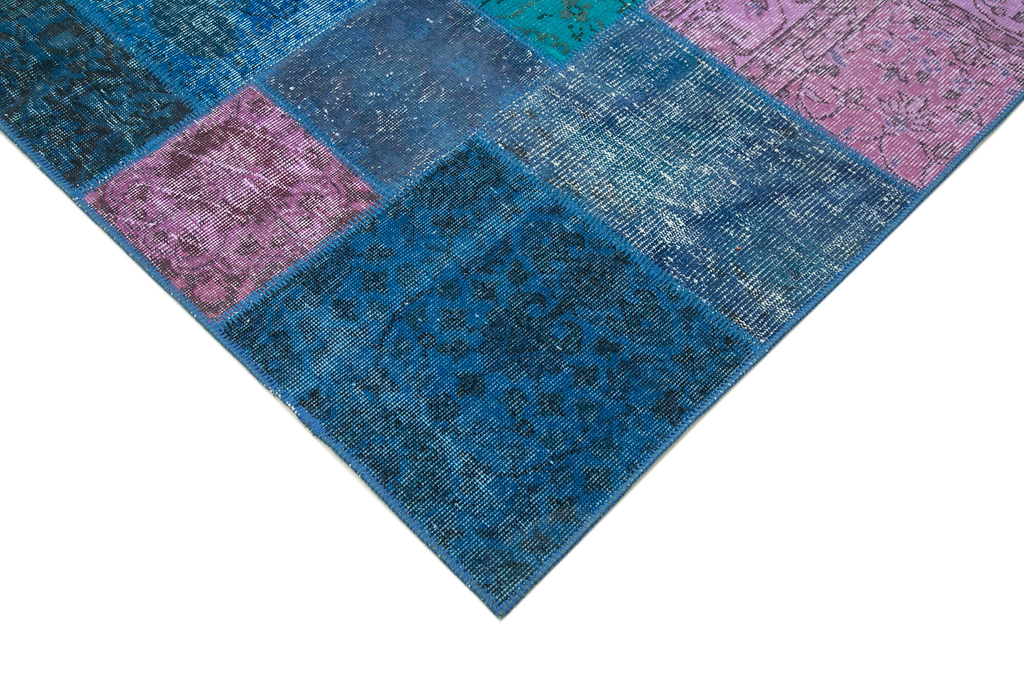 Handwoven oriental overdyed 203 cm x 300 cm blue patchwork carpet