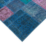 Handwoven oriental overdyed 203 cm x 300 cm blue patchwork carpet