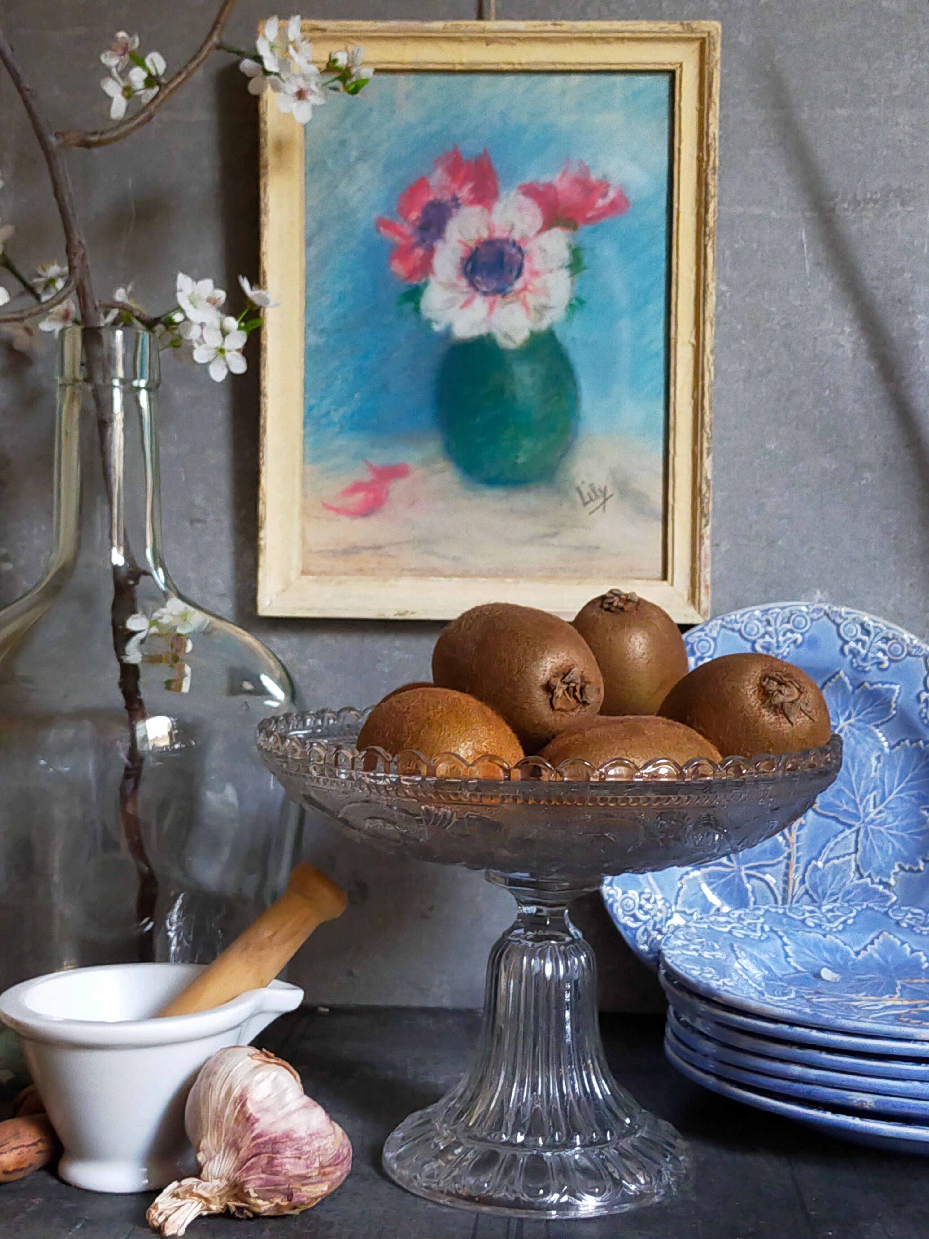 Pastel encadré "Les anémones" vintage