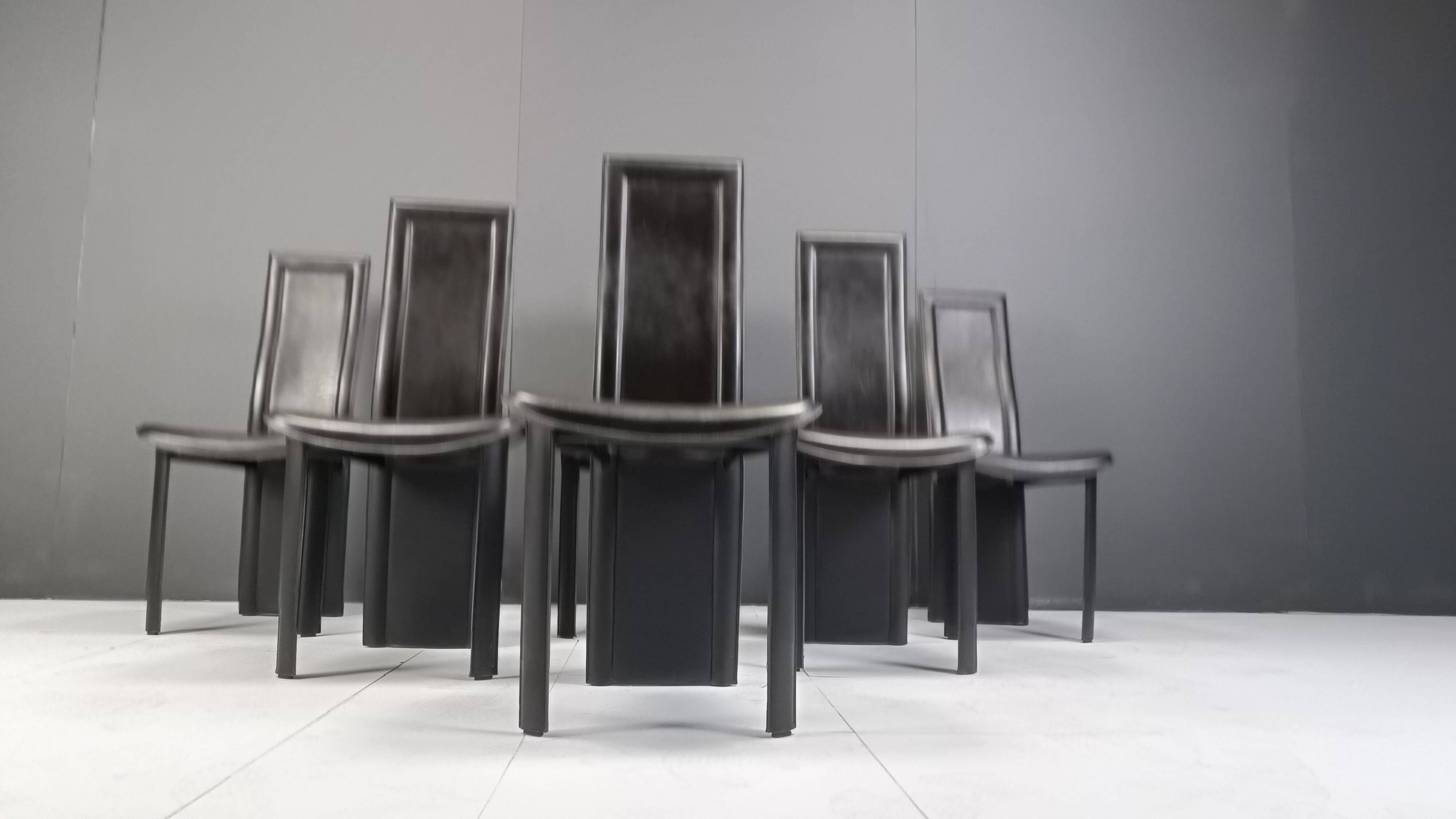 Vintage black leather high back dining chairs, set of 6, 1980s
