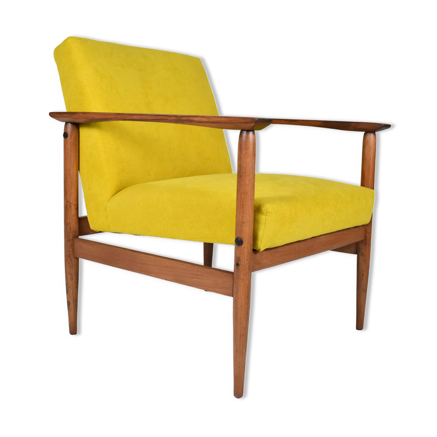 Vintage armchair yellow fabric, teak wood, 1960s