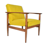 Vintage armchair yellow fabric, teak wood, 1960s
