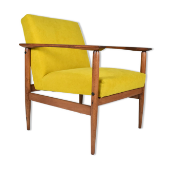 Vintage armchair yellow fabric, teak wood, 1960s