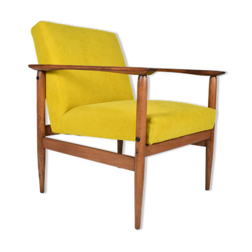 Vintage armchair yellow fabric, teak wood, 1960s