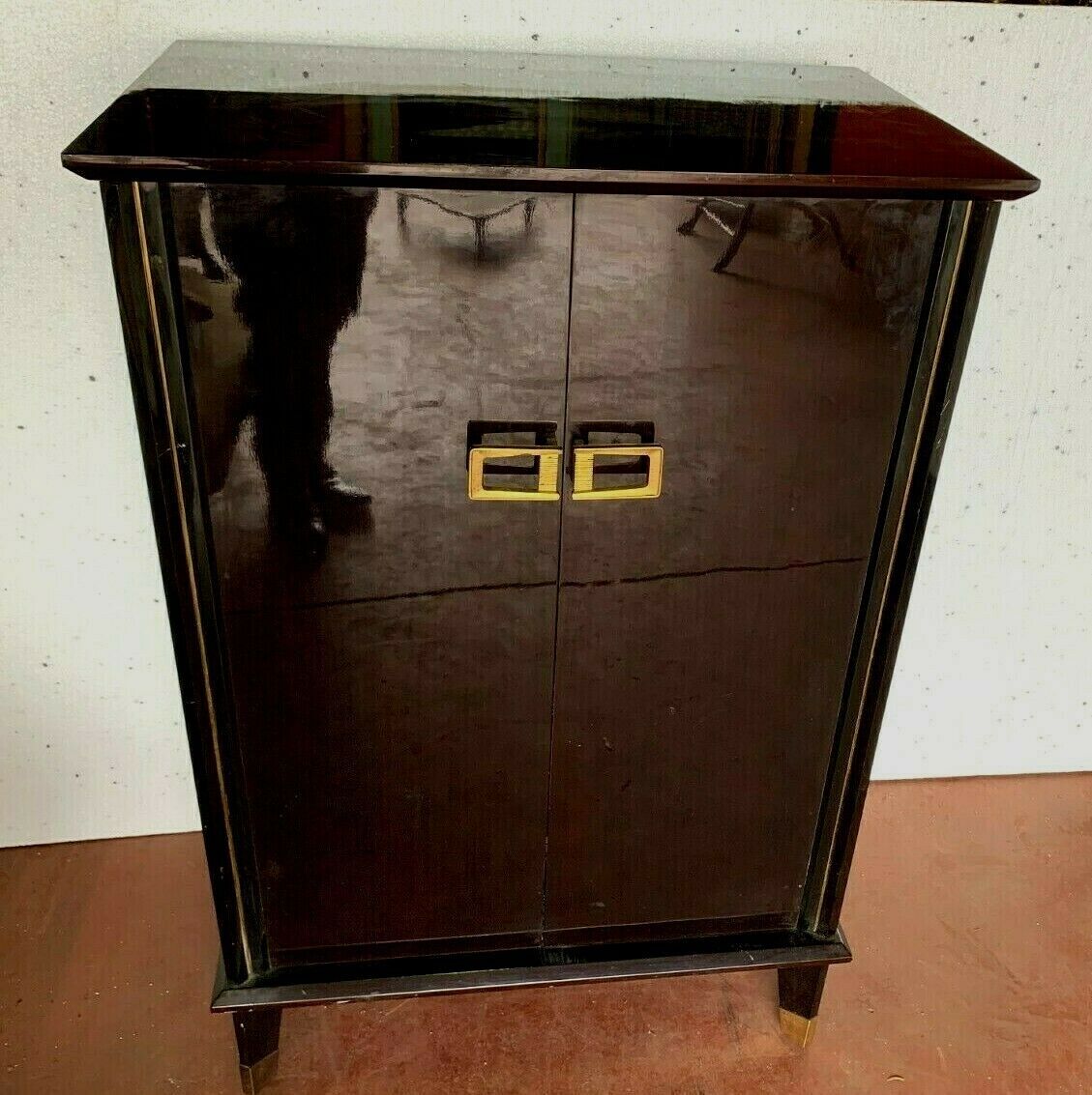 Sideboard with two-doors Art Deco lacquered black 20th century bronze handles