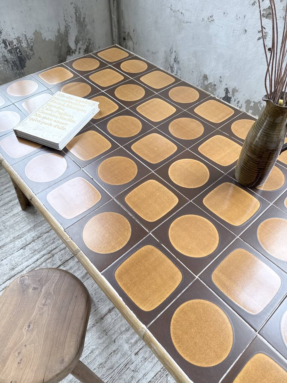 1950s rattan table with ceramic top