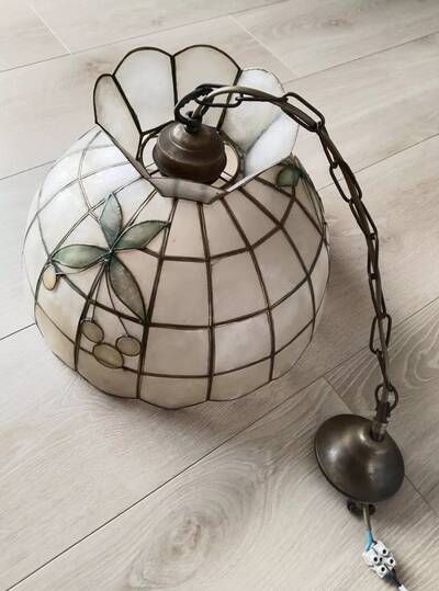 Mother-of-pearl and brass pendant light, vintage light fixture, 1950s