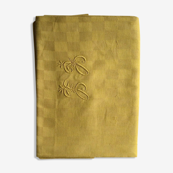 Nappe ancienne en lin et coton teintée jaune indien