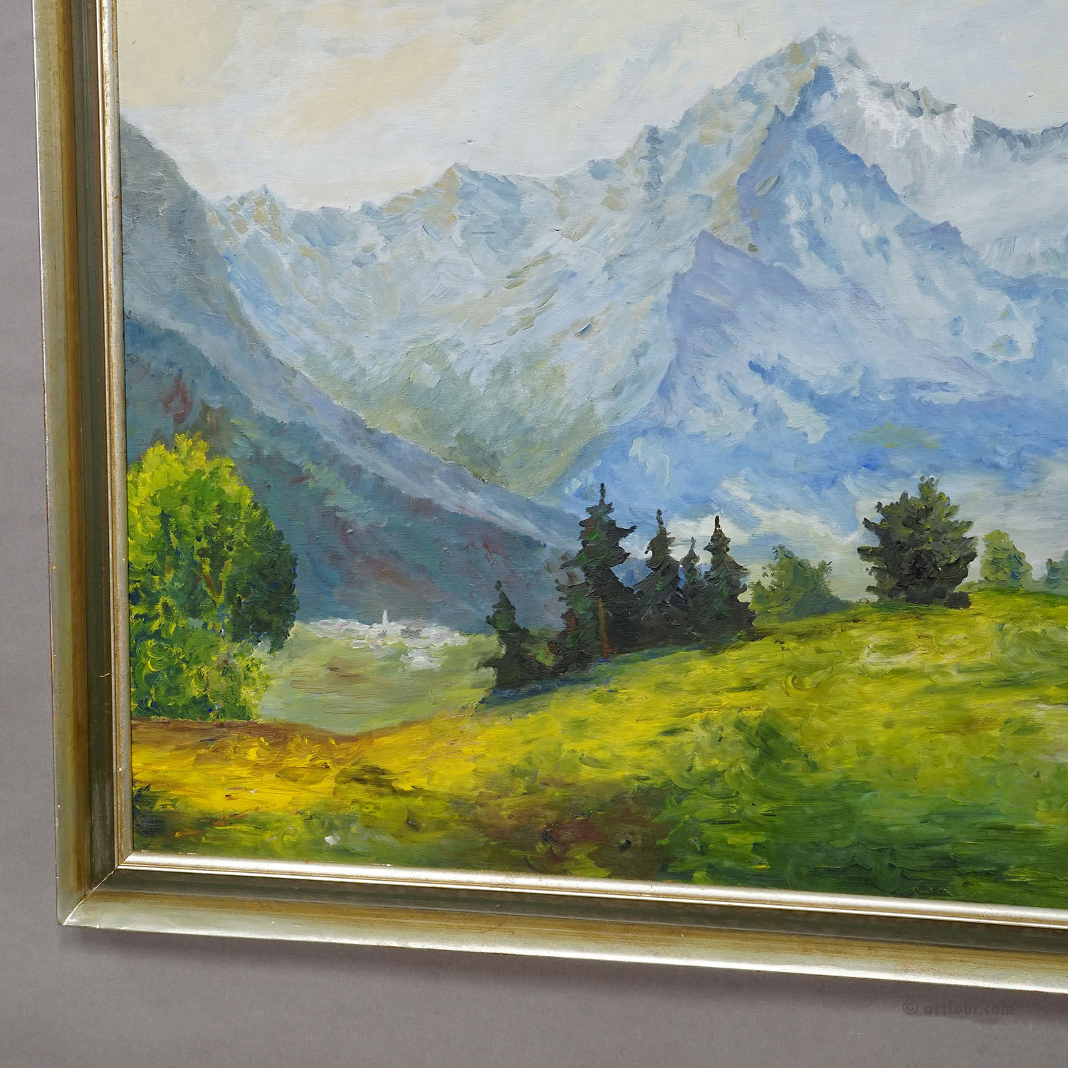 Alpine landscape painting with meadow, trees, and mountains.