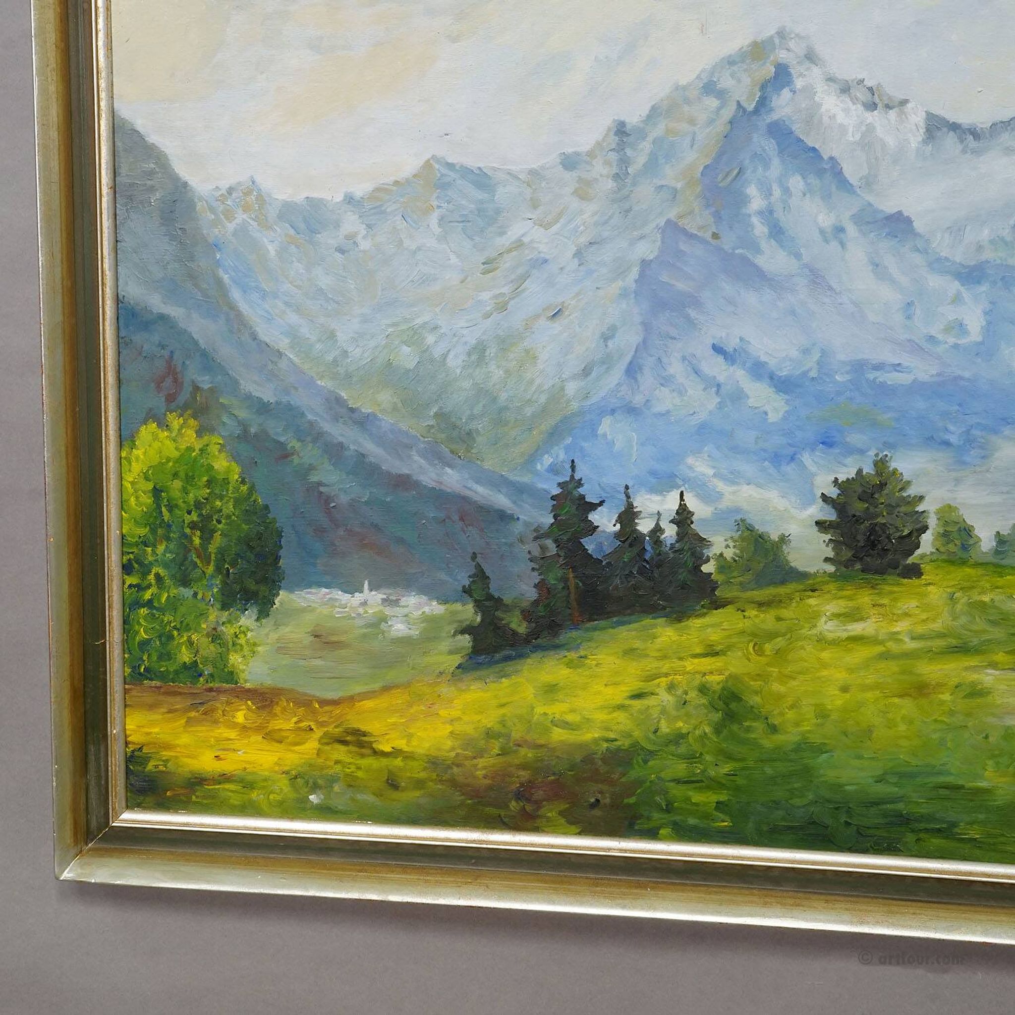 Alpine landscape painting with meadow, trees, and mountains.
