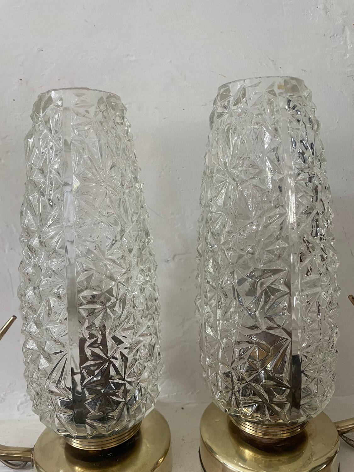 Pair of 1950s brass and glass bedside lamps