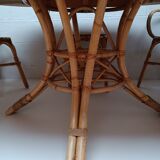 Bamboo table with extensions, 3 chairs and 3 stools from the 60s