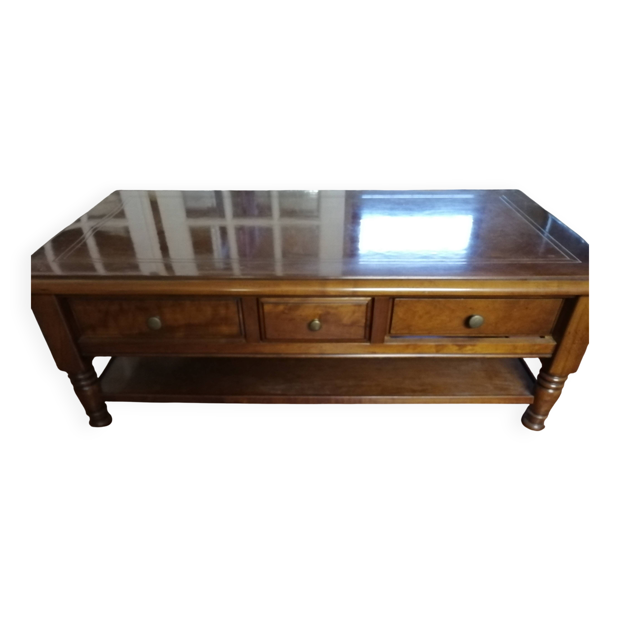 Coffee table in cherry and walnut marquetry.