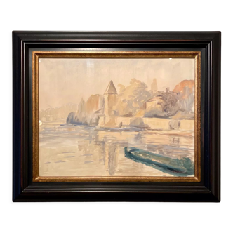 Tableau ancien, bord de Saône, XX siècle