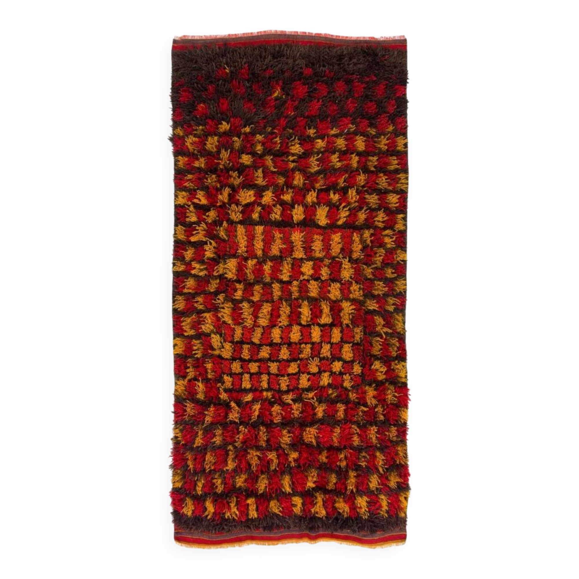 Vintage Hand-Knotted Turkish Tulu Rug with Checkered Design in Red, Yellow and Brown, 100% Wool