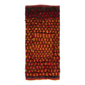 Tapis Tulu turc vintage fait à la main avec un design à carreaux en rouge, jaune et marron, 100 % laine
