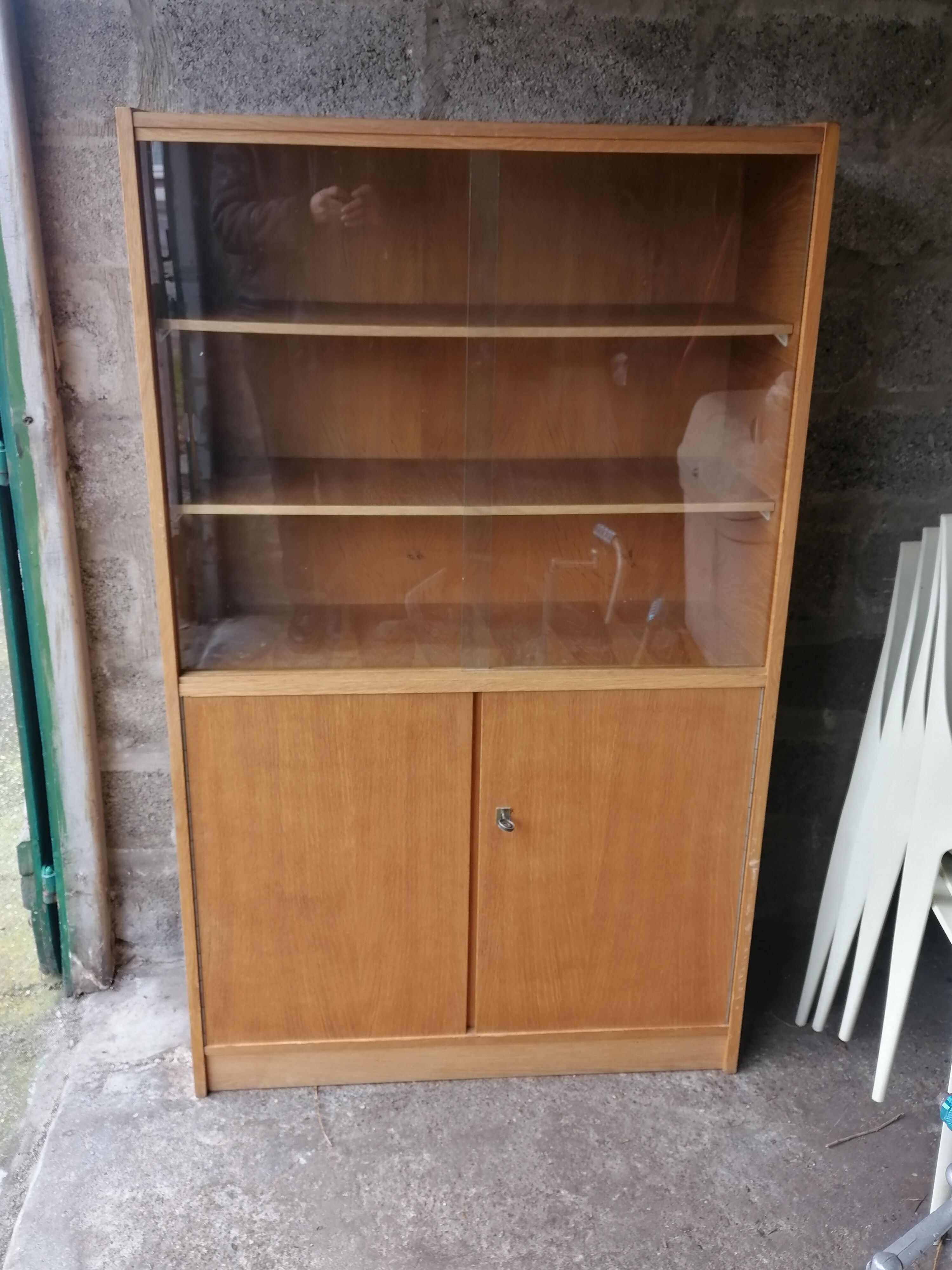 Ancienne bibliothèque vitrine meuble bois teck vintage 1960