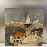 Old painting, landscape of a lighthouse signed and dated 1959