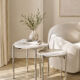 Round tables, side tables, coffee tables in marble and steel.