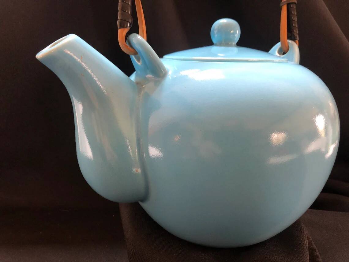 Chinese style teapot in azure blue enameled porcelain work from the 60s and 70s