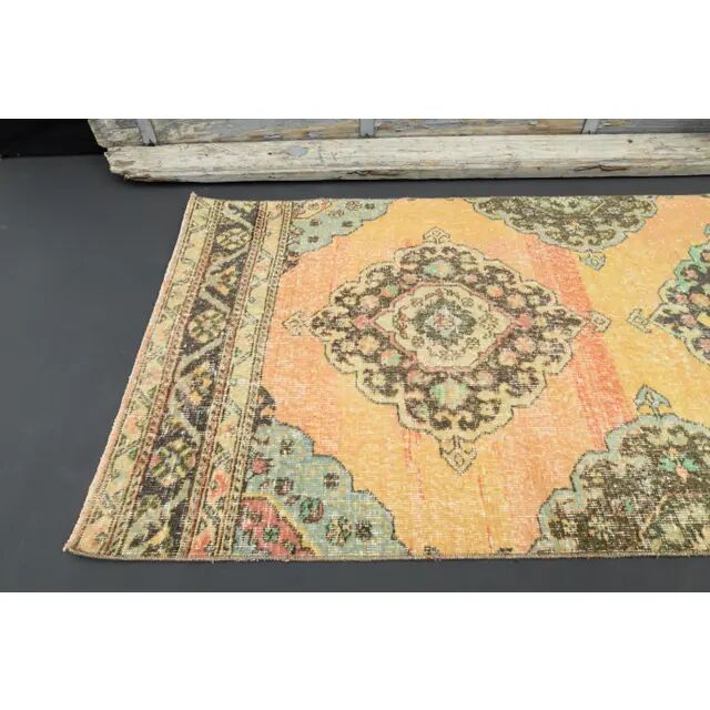 1970s Turkish Oushak Handmade Wool Cotton Orange Runner 94x383